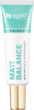 Matująco-wygładzająca baza AA Wings of Color Matt Balance w biało-turkusowej tubce, widok z przodu.