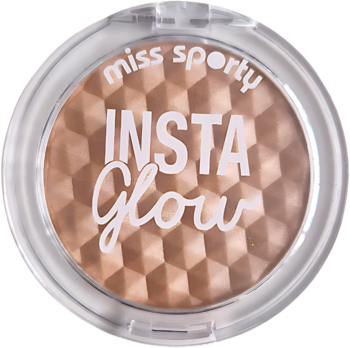 Okragły rozświetlacz Miss Sporty Insta Glow 101 Golden Glow, o perłowej, geometrycznej fakturze, widok z góry.
