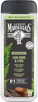 Le Petit Marseillais Cade Wood & Fern 4-in-1 shower gel, 400ml clear bottle, front view.