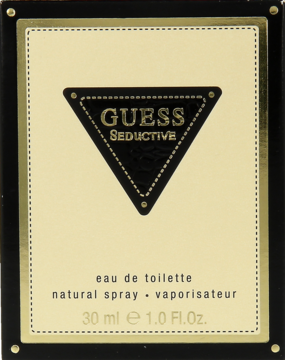 Guess Seductive eau de toilette, złoto-czarne pudełko 30ml z trójkątnym logo, widok z przodu.