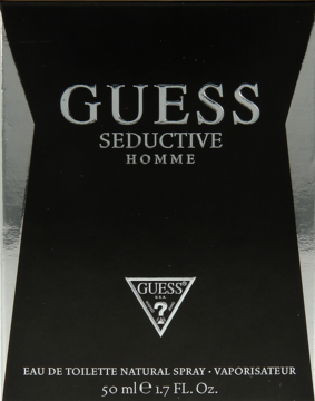 Czarne, błyszczące pudełko Guess Seductive Homme 50ml, z przodu srebrne napisy i logo marki.