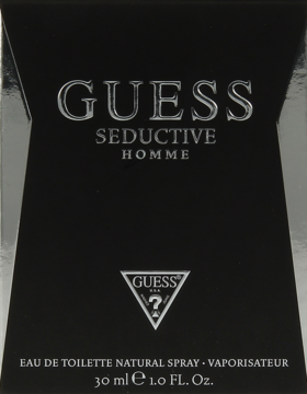 Męska woda toaletowa Guess Seductive Homme 30ml, czarne opakowanie z srebrnymi detalami, widok z przodu.