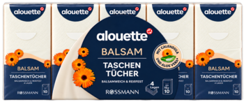4-pak chusteczek Alouette Balsam Taschentücher, białe z niebieskimi etykietami i pomarańczowymi kwiatami, widok z przodu.