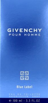 Niebieskie kartonowe pudełko Givenchy Pour Homme Blue Label, EDT 100ml, z białym napisem, widok z przodu.