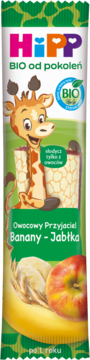 HiPP BIO batonik owocowy Banany-Jabłka, zielone opakowanie z żyrafą, bananem i jabłkiem, dla dzieci po 1. roku.