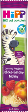 HiPP BIO owocowy batonik Jabłka-Banany-Maliny. Opakowanie z zebrą, jabłkiem, bananami i malinami, dla dzieci po 1. roku.