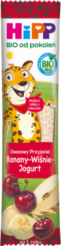 Saszetka HiPP BIO Owocowy Przyjaciel banan-wiśnia-jogurt dla dzieci po 1. roku. Z przodu uśmiechnięty gepard i owoce.