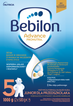 Bebilon 5 Advance Pronutra, duże niebiesko-białe opakowanie 1000g, formuła dla przedszkolaków, widok z przodu.