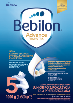 Niebiesko-białe opakowanie Bebilon 5 Advance Pronutra 1000g, mleko dla przedszkolaków, widok z przodu.