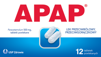 Apap, lek przeciwbólowy i przeciwgorączkowy z paracetamolem, w biało-niebieskim opakowaniu z 12 tabletkami.