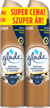 Dwa brązowe odświeżacze Glade Sensual Sandalwood & Jasmine z promocją "SUPER CENA!".
