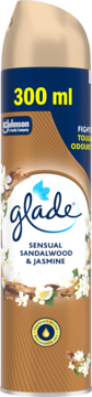 Glade Sensual Sandalwood & Jasmine odświeżacz powietrza w aerozolu 300 ml, brązowy z białymi kwiatami, widok z przodu.