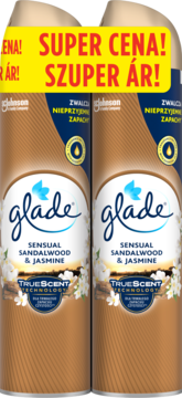 Dwa odświeżacze powietrza Glade Sensual Sandalwood & Jasmine w brązowych aerozolach, widok z przodu, super cena.