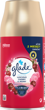 Glade automatyczny zapas Luscious Cherry & Peony, złoto-czerwony pojemnik z wiśniami i piwoniami, przód.