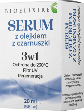 Białe pudełko serum do włosów Bioelixire z olejkiem z czarnuszki, 3w1 ochrona UV i termoochrona, widok z przodu.