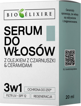 Bioelixire Serum do Włosów 3w1 z olejkiem z czarnuszki i ceramidami, białe opakowanie, ochrona UV i ciepła.