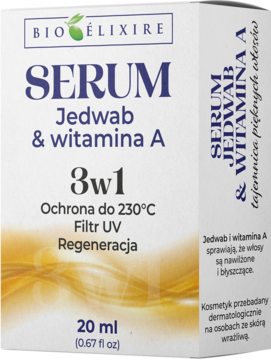 Serum Bioelixire Jedwab & Witamina A w białym kartoniku 20 ml z fioletowym napisem, widok z przodu.