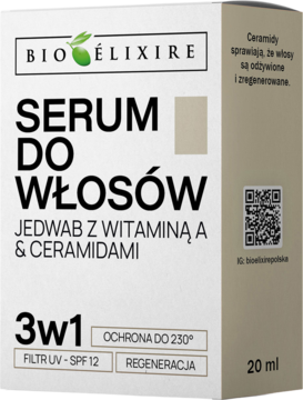 Bioelixire Serum do Włosów 3w1 z jedwabiem i ceramidami, w białym opakowaniu z beżowym paskiem, widok z przodu.