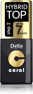 Delia Cosmetics HYBRID TOP, koralowy top coat do paznokci, czarna butelka ze złotymi detalami, trwałość do 7 dni.