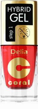 Delia Cosmetics Hybrid Gel lakier w kolorze coral, bez lampy UV, w przezroczystej butelce, widok z przodu.