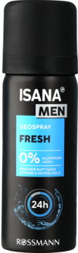 ISANA MEN Deospray Fresh, czarna butelka, 0% aluminium, 24h, zapach cytryny i sandałowca, widok z przodu.