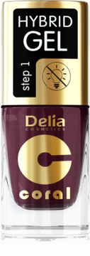 Delia Cosmetics Hybrid Gel Coral, ciemnoczerwony lakier do paznokci, formuła hybrydowa bez lampy UV, widok z przodu.