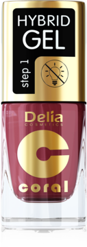 Delia Cosmetics Hybrid Gel lakier, kolor Coral, bez lampy UV, butelka z czarno-złotą nakrętką, widok z przodu.