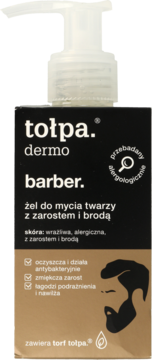 tołpa dermo barber żel do mycia twarzy z zarostem w czarnej butelce z białym dozownikiem, widok z przodu.