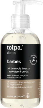 Tołpa Dermo Barber żel do mycia twarzy z zarostem i brodą, przezroczysta butelka z pompką, czarno-brązowa etykieta.