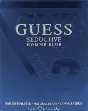Niebieskie pudełko perfum Guess Seductive Homme Blue EDT 50ml, widok z przodu, z wytłoczonym logo.