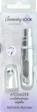 Srebrny atomizer perfum Beauty Look, wielokrotnego użytku, w przezroczystym opakowaniu. Widok z przodu.