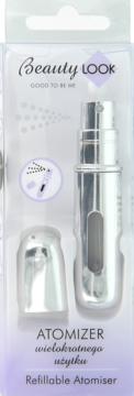 Srebrny atomizer perfum Beauty Look, wielokrotnego użytku, w przezroczystym opakowaniu. Widok z przodu.