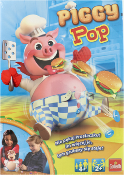 Pudełko gry Goliath Piggy Pop z wizerunkiem uśmiechniętego, różowego prosiaczka-kucharza i dziećmi grającymi.