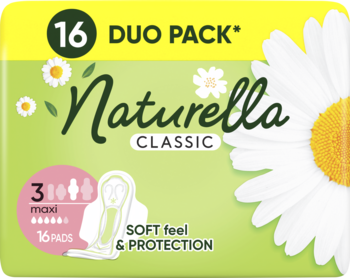 Naturella Classic maxi podpaski w zielono-żółtym opakowaniu z margaretką, widok frontalny, 16 sztuk, duo pack.