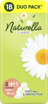 Opakowanie podpasek Naturella Classic Duo Pack, 18 normalnych, zielone z białą stokrotką, widok z przodu, delikatna ochrona.