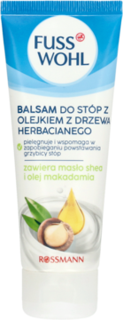 Fuss Wohl balsam do stóp z olejkiem herbacianym w białej tubce, widok z przodu, z orzechami makadamia.