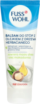 Fuss Wohl balsam do stóp z olejkiem herbacianym w białej tubce, widok z przodu, z orzechami makadamia.