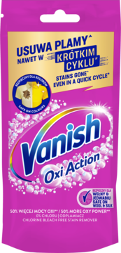 Różowa torebka odplamiacza Vanish Oxi Action Pink, widok z przodu, z napisami o usuwaniu plam i mocy Oxi.