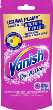 Różowa torebka odplamiacza Vanish Oxi Action Pink, widok z przodu, z napisami o usuwaniu plam i mocy Oxi.