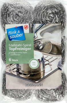 Nierdzewne, spiralne zmywaki do garnków Flink & Sauber, 6 sztuk w przeźroczystej folii z etykietą.