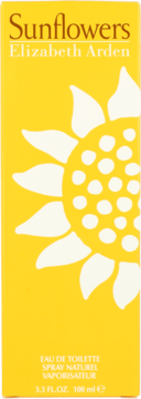 Front żółtego opakowania wody toaletowej Sunflowers Elizabeth Arden 100 ml, z dużą białą grafiką słonecznika.