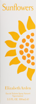 Elizabeth Arden Sunflowers Eau de Toilette w białym pudełku z żółtym słonecznikiem, widok z przodu.