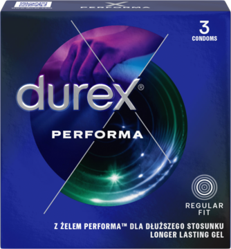Front niebieskiego pudełka Durex Performa, 3 prezerwatywy, z napisem 'PERFORMA' i błyszczącą grafiką.