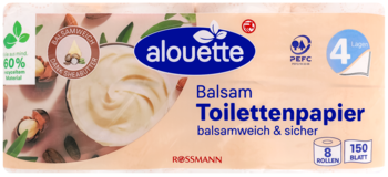 Opakowanie papieru alouette Balsam, 4-warstwowy z masłem shea, 8 rolek po 150 listków, widok z przodu.