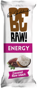 Biały baton Be Raw! Energy kokosowy, z różowym paskiem. Z przodu grafika kokosa, kakaowca i napis Coconut Raw snack.