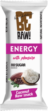 Biały baton BE RAW! Coconut Raw snack, fioletowy napis ENERGY, bez cukru, widok z przodu.