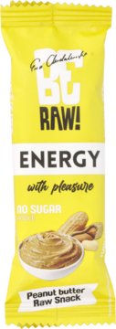 Żółty baton BeRAW! Energy Peanut butter Raw Snack, bez cukru, widok z przodu z miską masła orzechowego.