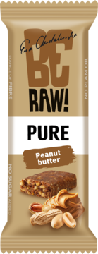 BeRAW! PURE baton orzechowy, bez dodatku cukru i oleju palmowego, w brązowym opakowaniu z widocznym batonem i orzechami.