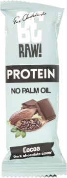 Jasnoniebieski baton proteinowy Be Raw! Cocoa bez oleju palmowego, z przodu, z obrazkiem ziaren kakao.