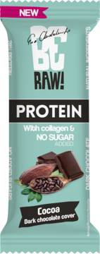 Zielony baton proteinowy Be Raw! 28% z kolagenem i bez cukru, smak Cocoa, widok z przodu.